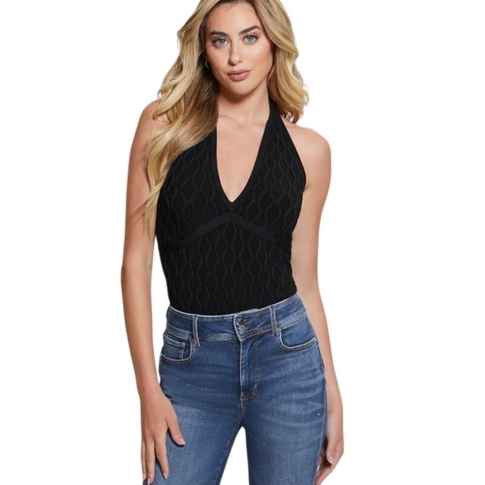 GUESS Women's Lucia Sleeveless Wavy-Knit Halter Top in Black